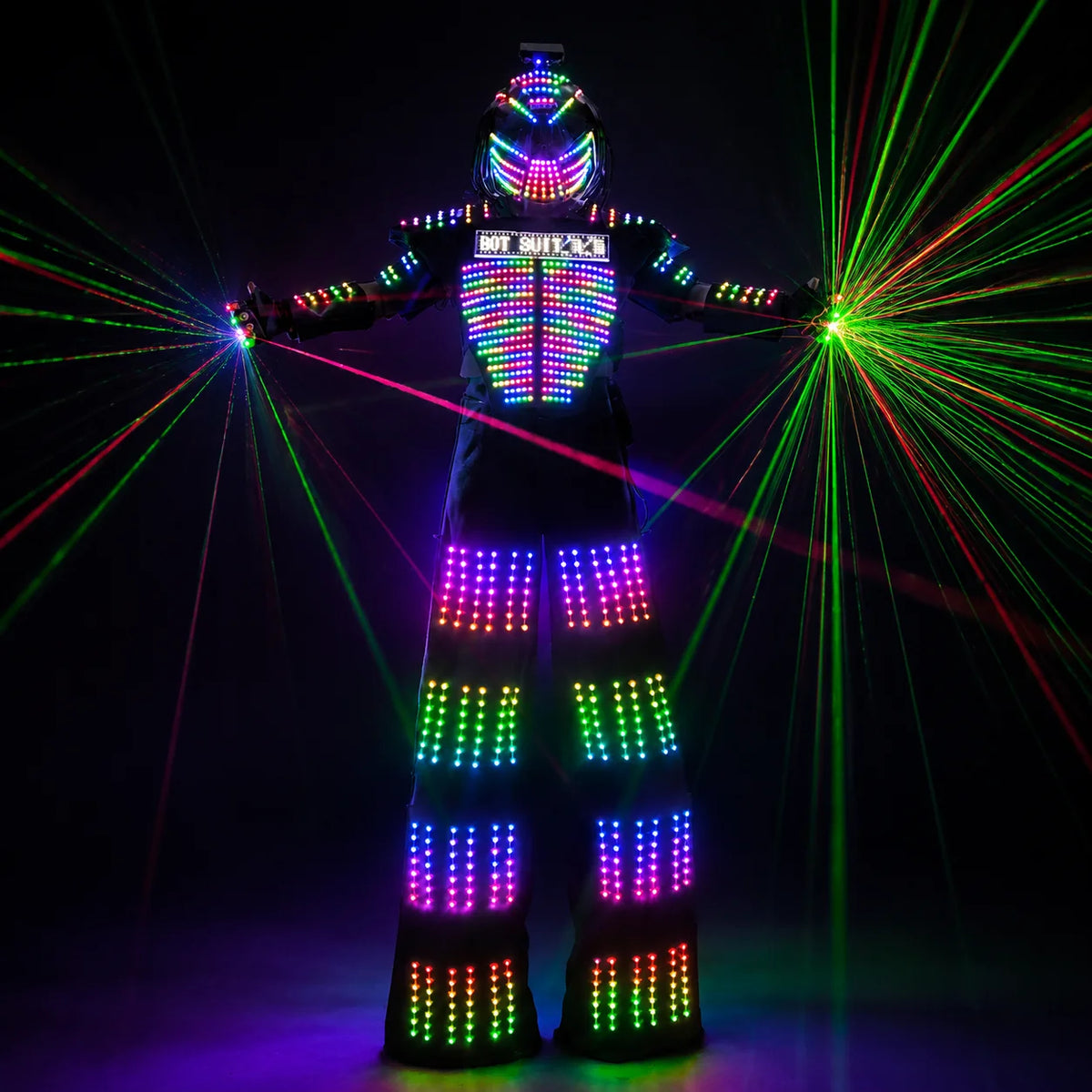 LED Robot Costume for Women Stilt Walking Light-Up Suit RGB Remote Control Glowing Outfit with LED Gloves for Party Parade Carni Vue Silver material M