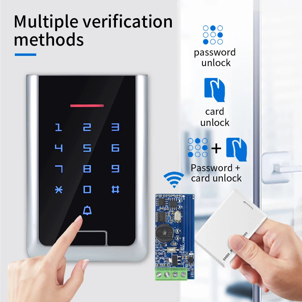 Waterproof Wireless Wiegand Slave Card Reader EM /M1 Wire-Free RFID Keypad with Receiver Module 433MHz Built in Battery+Doorbell Vue