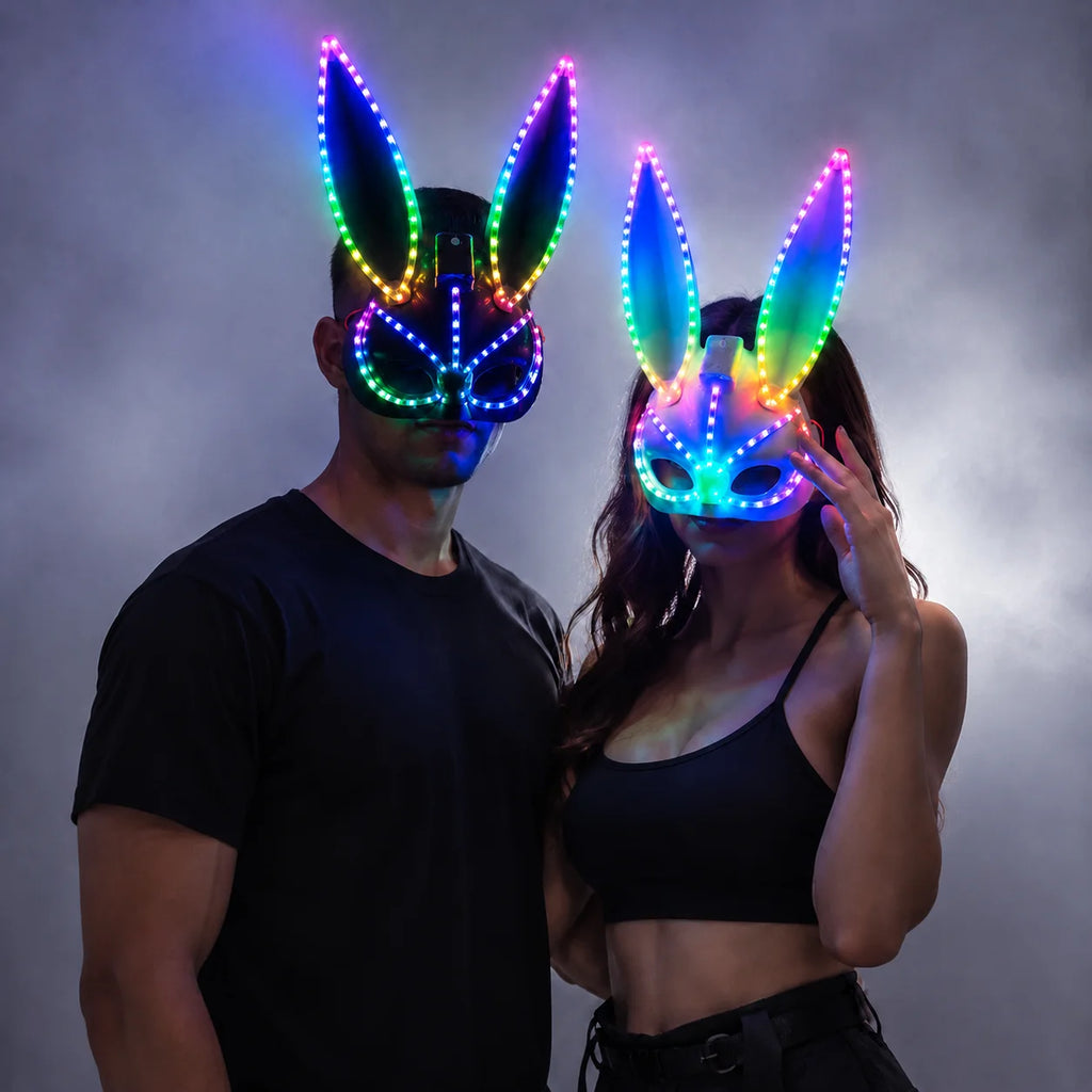 Halloween LED Light up Bunny Mask Mixed Colours Double Cross Eyes Cute Plush Bunny Party Spoof Mask Photo Props for Halloween Vue