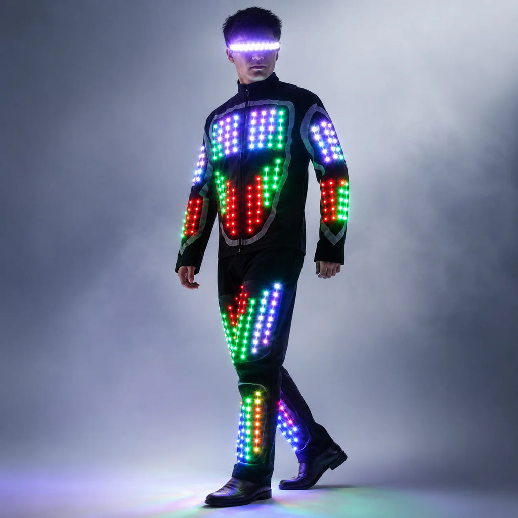 Full Color LED Growing Robot Suit Costume Men LED Luminous Flashing Clothing Dance Wear For Night Clubs Party Event Bar Supplies Vue