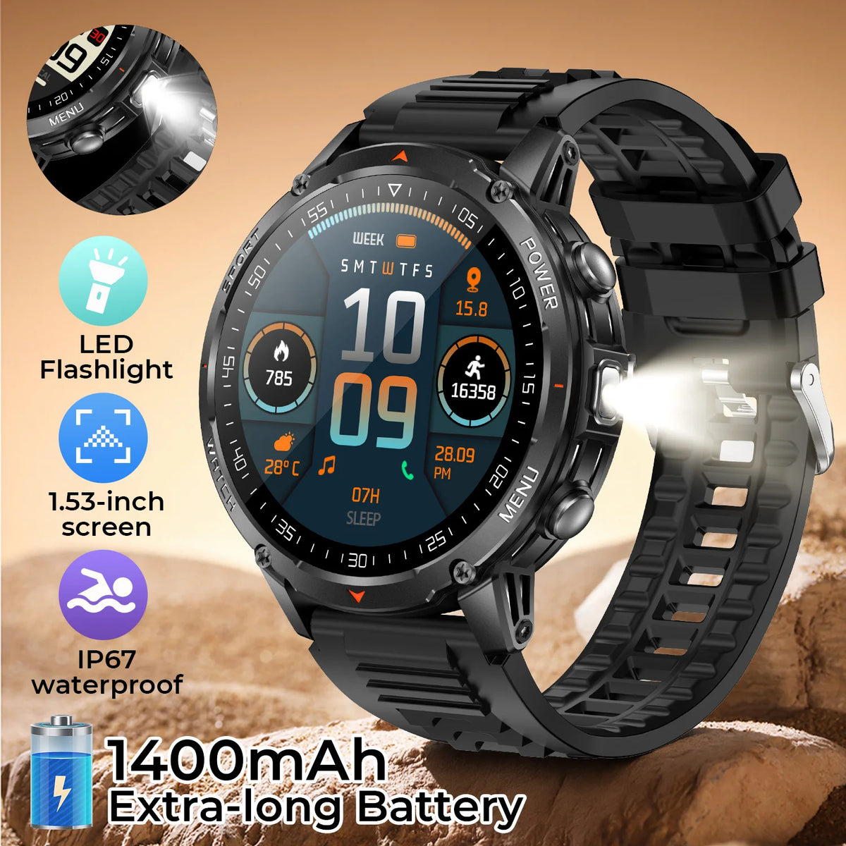 2026 Military Smart Watch Men 1400mAh Ultra Long Battery 10ATM Waterproof Bluetooth Call Outdoor Flashlight Heart Rate Fitness Vue silicone black