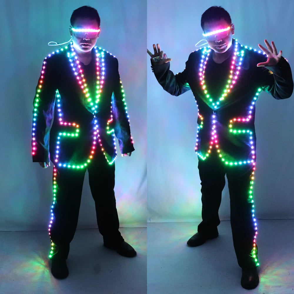 Full Color Pixel LED Lights Jacket Coat Stage Dance Costume RGB Light Up Stage Tron Suit for Men Women Nightclub Party Outfits Vue
