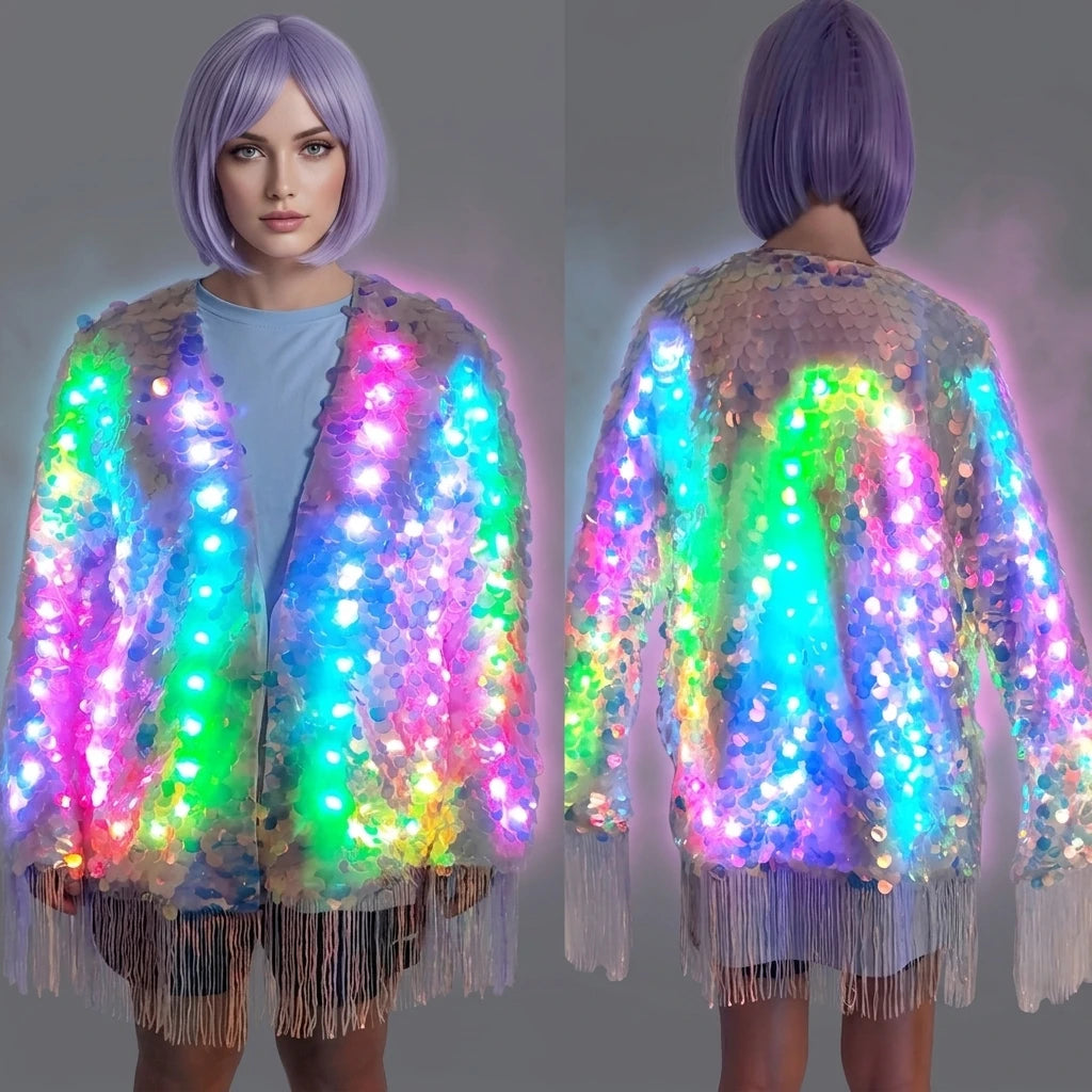 Women's LED Light-Up Sequin Tassel Belly Dance Dress Luminous Performance Costume for Festival And Stage Vue