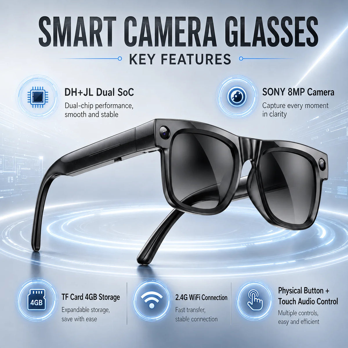 Smart Glasses 800W Pixel Camera Bluetooth IPX4 Waterproof Magnetic Charging Audio Glasses Video Voice Recorder Hands-Free Camera Vue Black Sunglasses