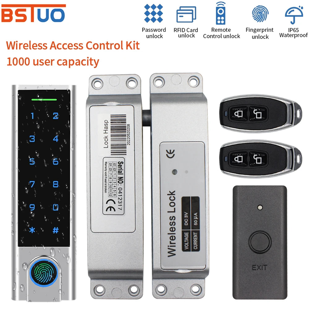 IP65 Waterproof 433Mhz Door Wireless Access Control System Bometrics RFID Keypad+Electric Lock+Exit Button+Remote Control Key Vue