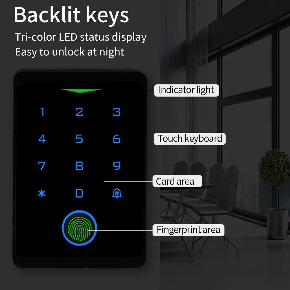 Wifi Tuya Backlit Fingerprint Door Access Keypad Waterproof RFID 125kHZ EM Card Reader for Access Control System Wiegand 26 34 Vue