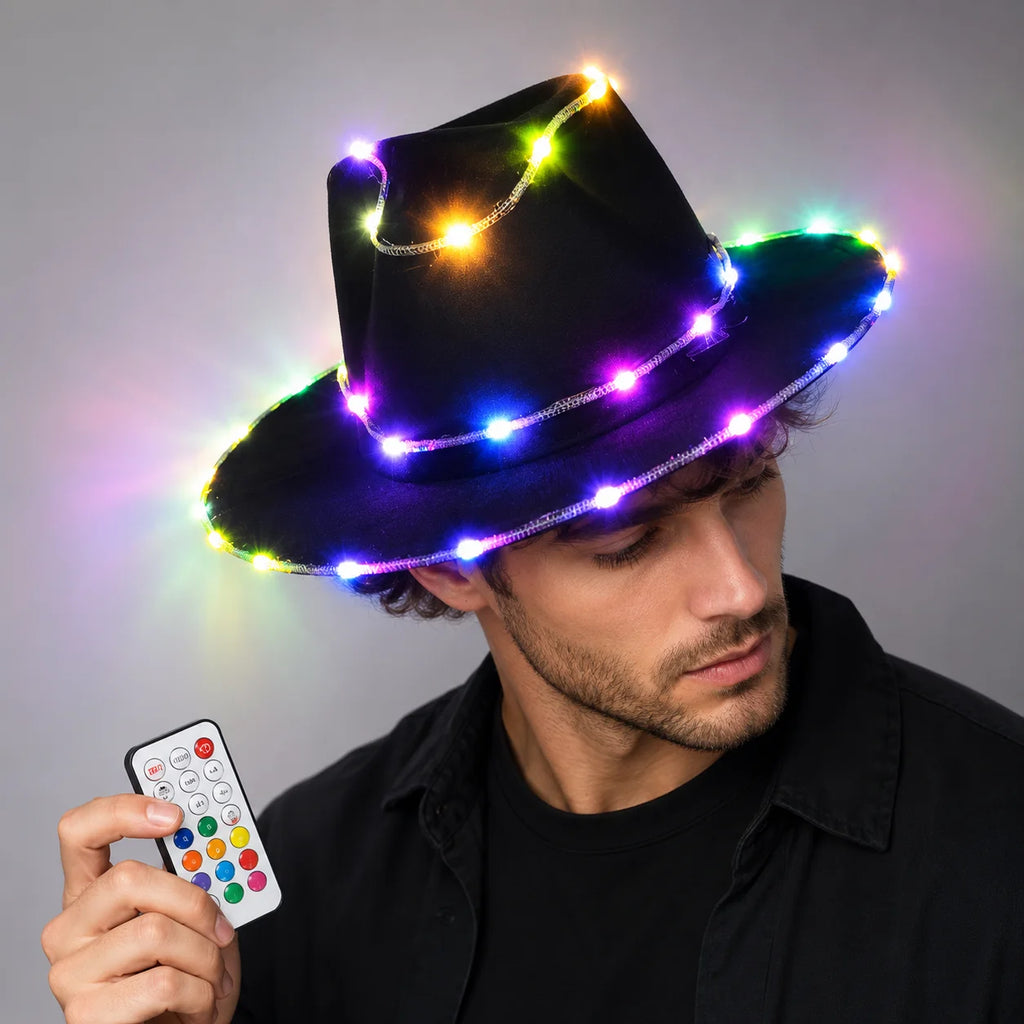 LED Cowboy Hat Luminous Flashing Western Costume Accessory for Halloween Carnival Rave Party Dance Show Adult Size Vue