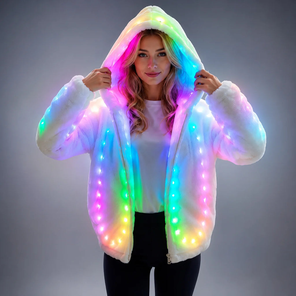 LED Fashion Women's Faux Fur Coat Color Change Sequins Hooded Coat with Remote Control for Halloween Carnival Christmas Cosplay Vue M
