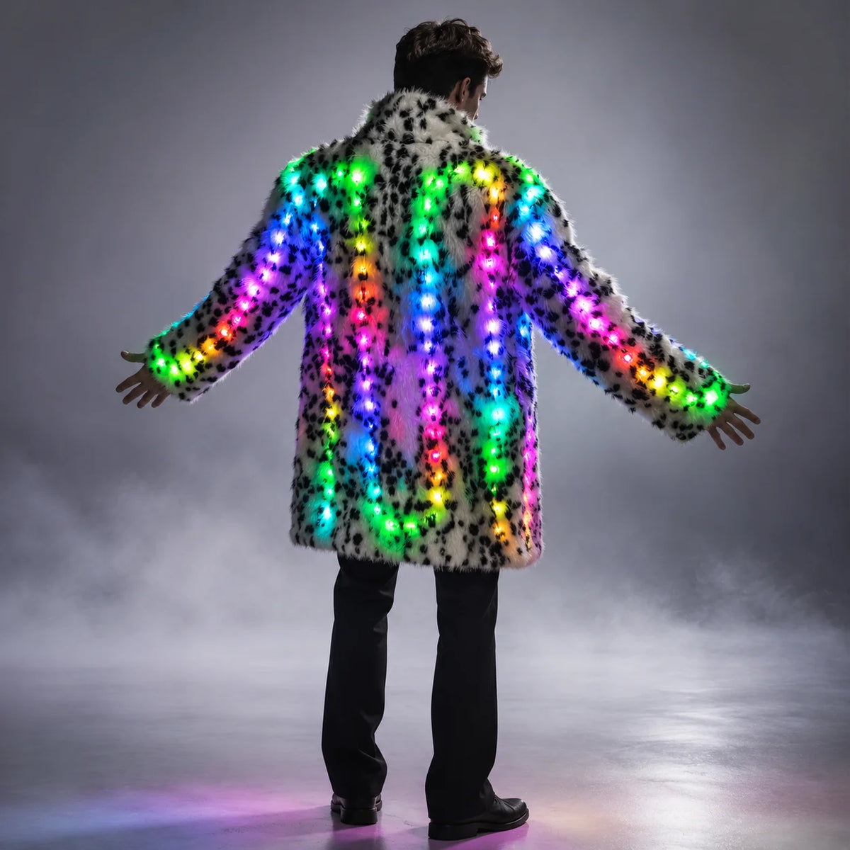 Men Jacket Faux Fur Sequins Hooded Outerwear Patchwork LED Costume Long Coat Fluffy Warm Winter Stage Dance Party Cosplay Vue