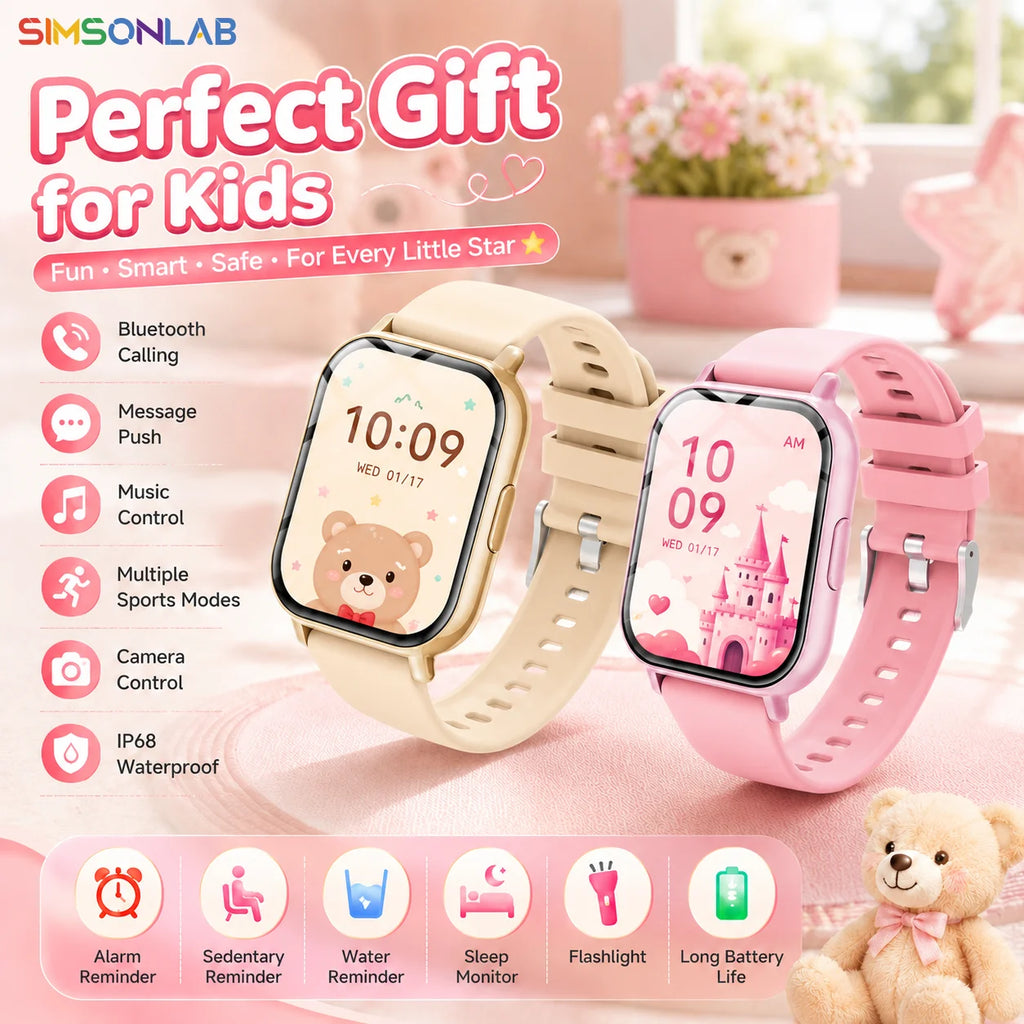 Kids Smartwatch 1.83 Inch Touch Screen Bluetooth Call Music Camera Control Message Push Sports Mode 260mAh Gift for Boys Girls Vue