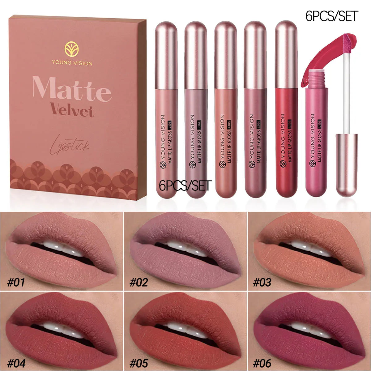 YOUNG VISION 6Pcs/Set Matte Velvet Lipgloss Waterproof Long-Lasting Liquid Lipstick for Flawless Makeup Vue