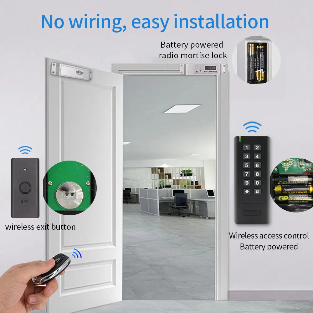 Waterproof 433Mhz 125Khz RFID Wireless Access Control Keypad+Electric Drop Bolt Lock+Wireless Exit Button+Remote Control Key Vue