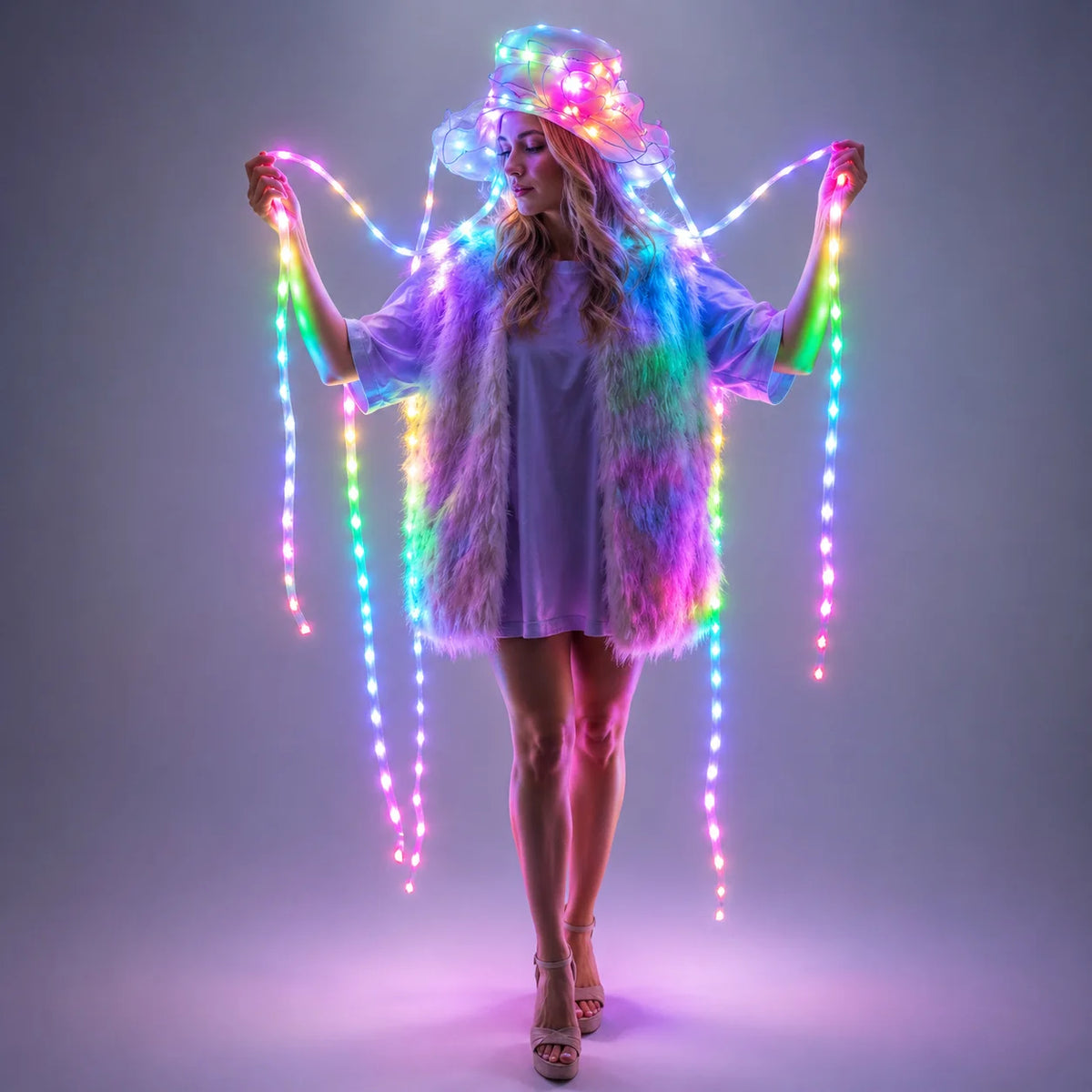 LED Jellyfish Hat Full Color Luminous Headwear Glowing Party Props for Nightclub DJ Show Cosplay Vue