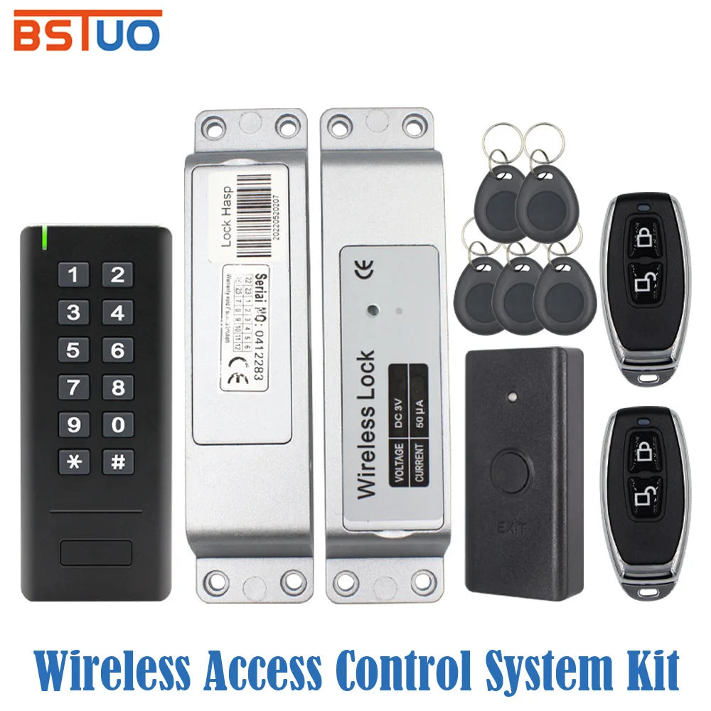 Waterproof 433Mhz 125Khz RFID Wireless Access Control Keypad+Electric Drop Bolt Lock+Wireless Exit Button+Remote Control Key Vue