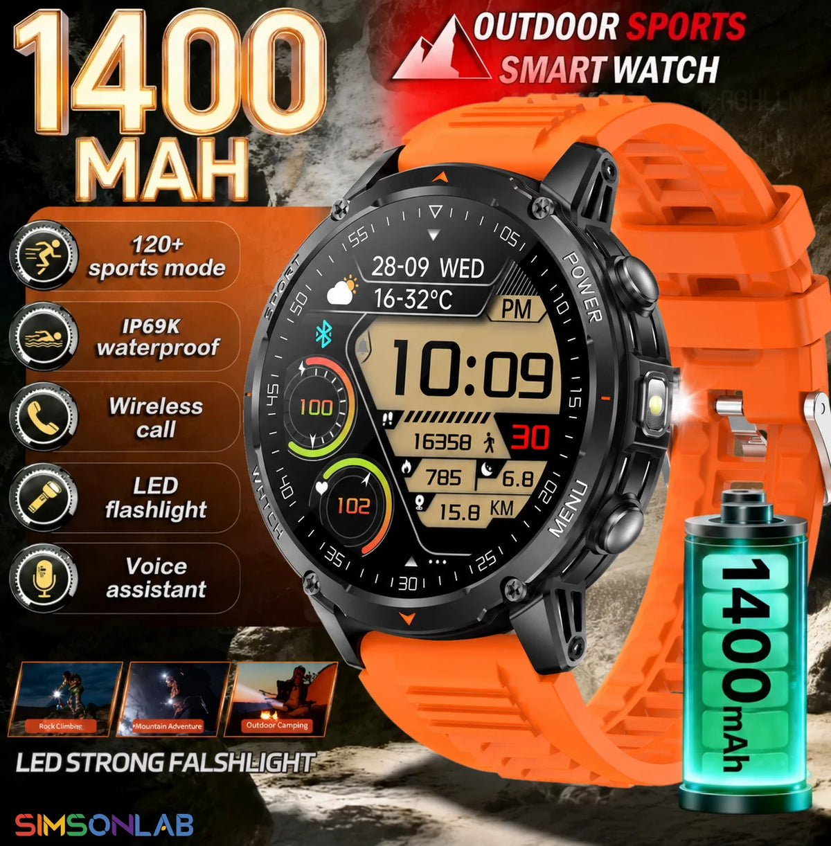 2026 Military Smart Watch Men 1400mAh Ultra Long Battery 10ATM Waterproof Bluetooth Call Outdoor Flashlight Heart Rate Fitness Vue