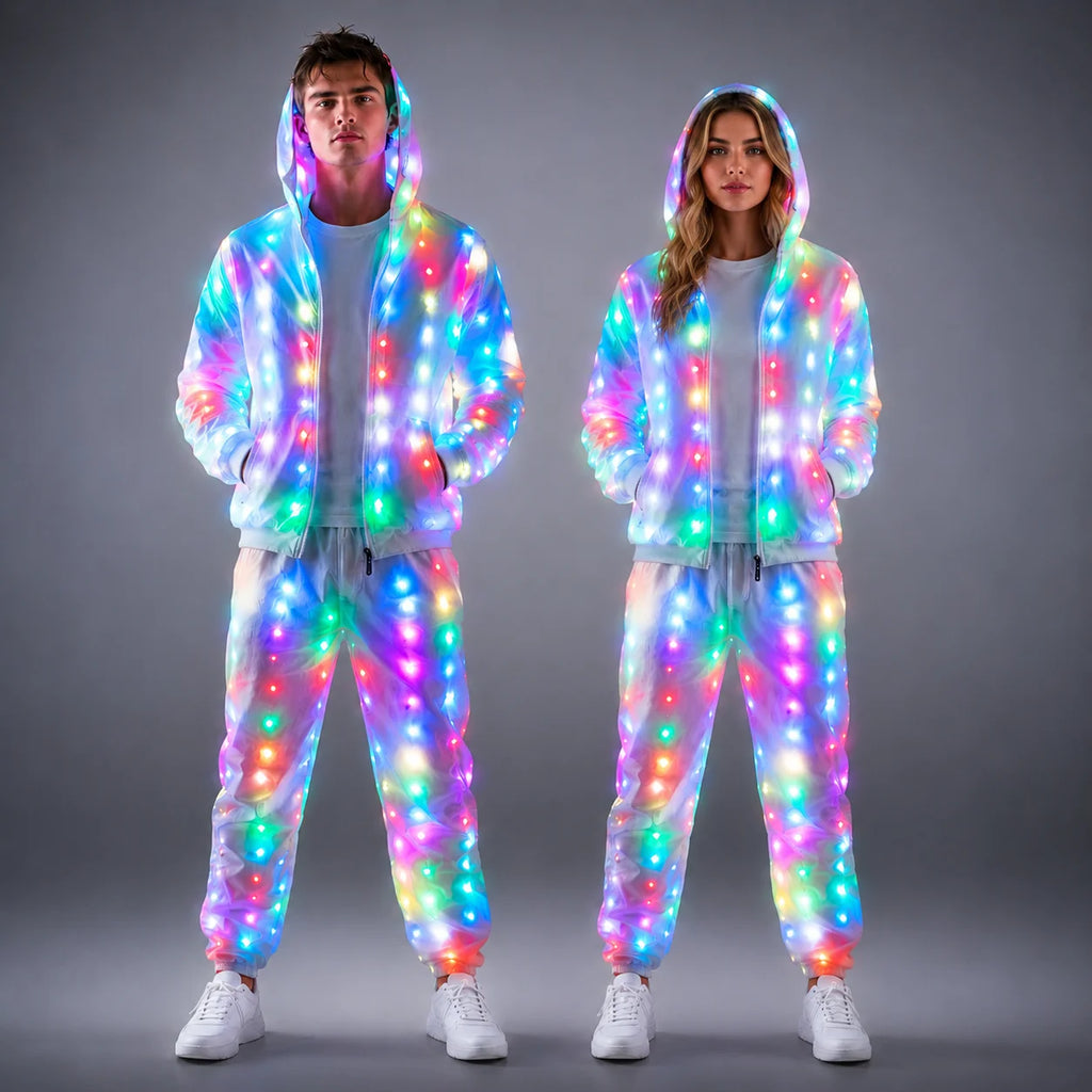 LED Party Clothes Set for Jacket Coat Pants Colorful Glowing Casual Flashing Luminous LED Lights Costume for Christmas Halloween Vue