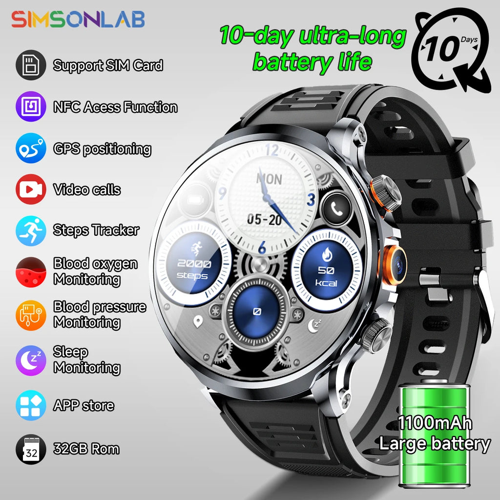 New Smart Watch SIM NFC GPS 4G WIFI 32GB 10-day battery life Health Monitor Sport Video Calls 1.85''Big Screen Android Men Women Vue