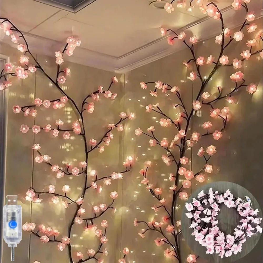 1PC 72/96LEDS Cherry Blossom Vine Lights, Glowing Branch Lights,8 Flashing Modes, USB Powered,used for Bedroom Indoor Home Party Vue