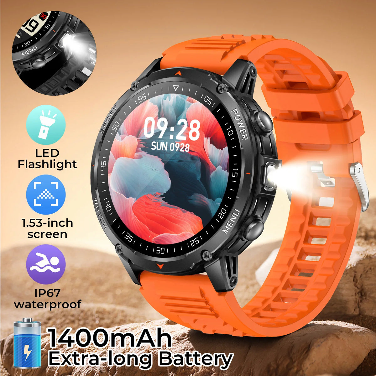2026 Military Smart Watch Men 1400mAh Ultra Long Battery 10ATM Waterproof Bluetooth Call Outdoor Flashlight Heart Rate Fitness Vue silicone orange