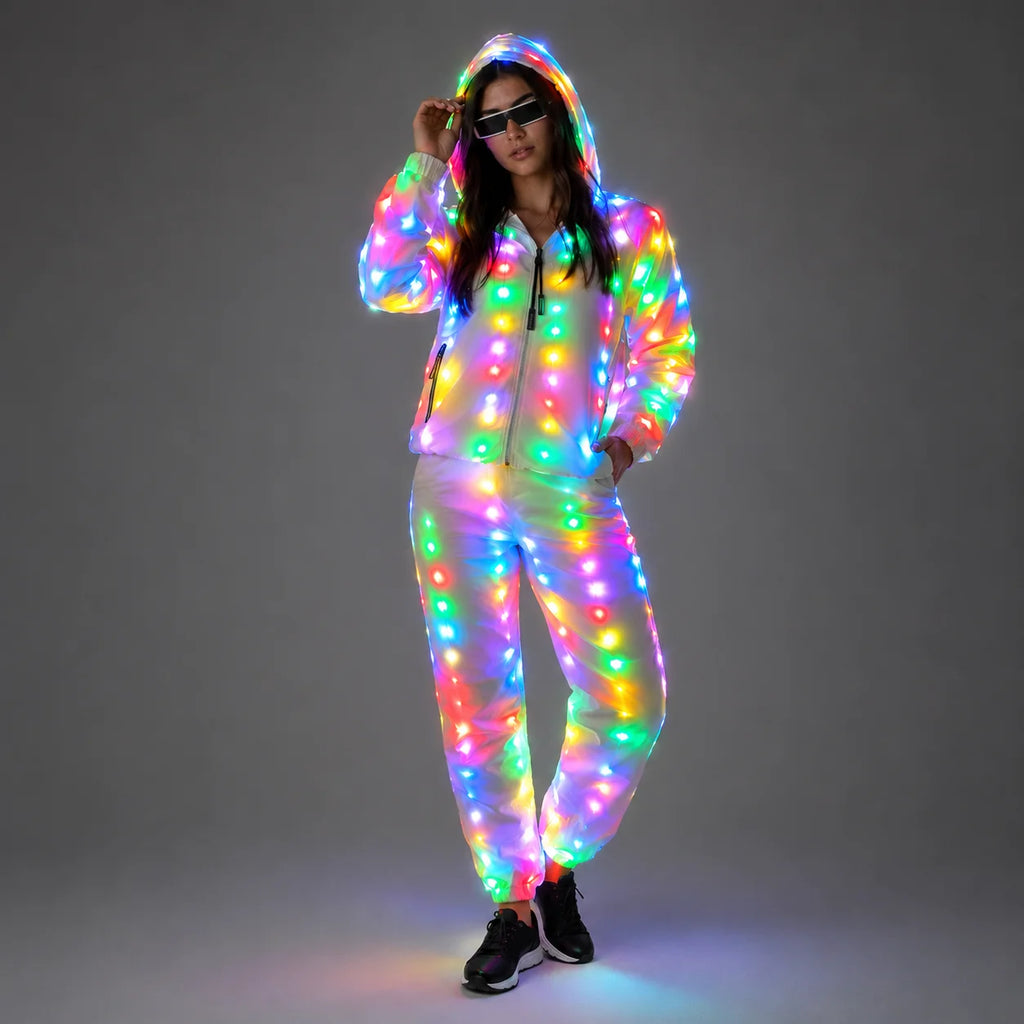 LED Party Clothes Set for Jacket Coat Pants Colorful Glowing Casual Flashing Luminous LED Lights Costume for Christmas Halloween Vue