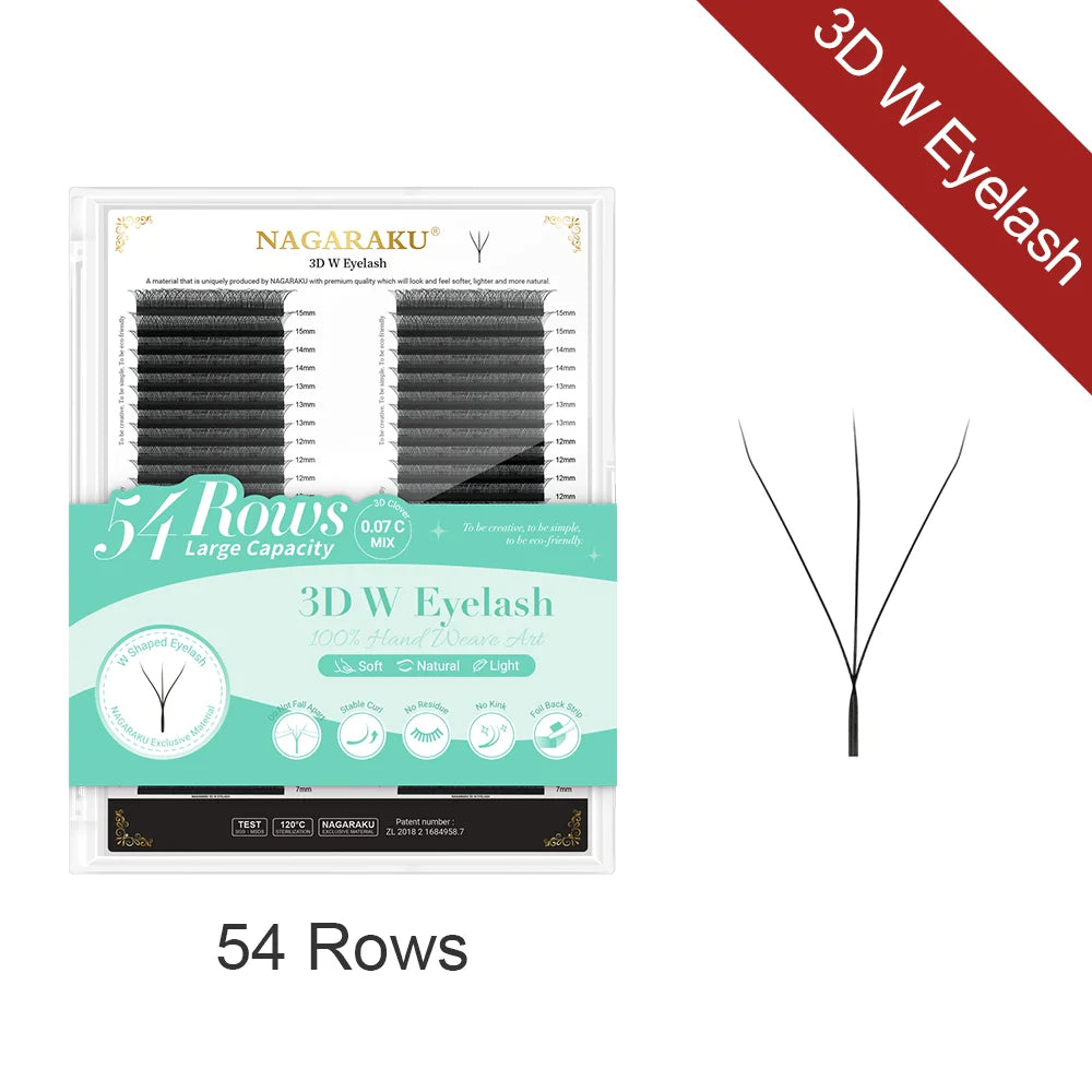 NAGARAKU 8640fans 3D/4D/5D W Shape 54 Rows Natural Soft Light Hand Woven Fans Automatic Flower False Eyelashes Extensions Vue 54 rows 3D W C 0.07mm|MIX7-15mm