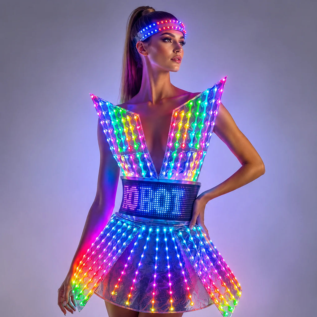 Shiny LED Mirror Nightclub Dress LED Glow Bar Dj Gogo Dancer Singer Stage Costume Women Evening Birthday Outfit Vue