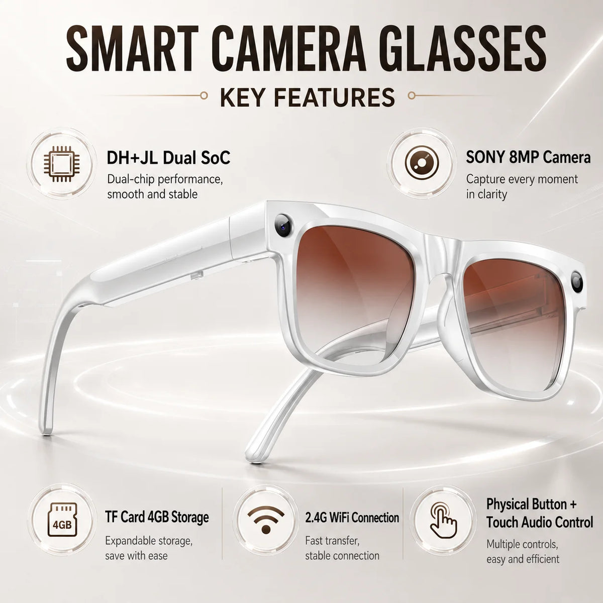 Smart Glasses 800W Pixel Camera Bluetooth IPX4 Waterproof Magnetic Charging Audio Glasses Video Voice Recorder Hands-Free Camera Vue White Gradient Tea