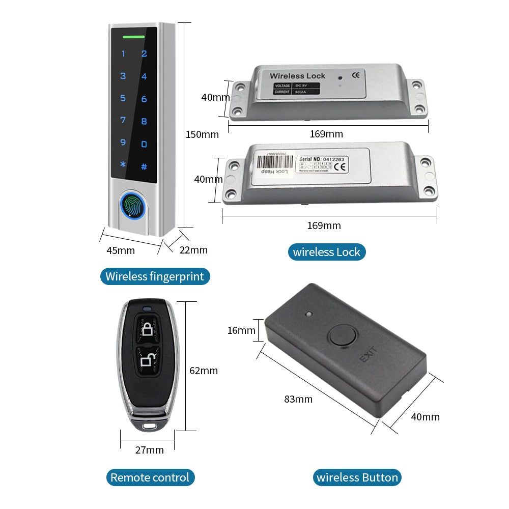 IP65 Waterproof 433Mhz Door Wireless Access Control System Bometrics RFID Keypad+Electric Lock+Exit Button+Remote Control Key Vue
