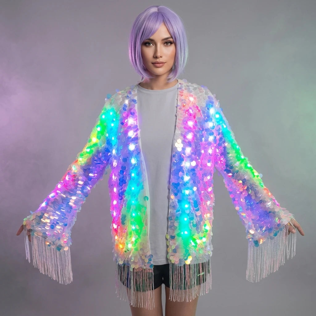 Women's LED Light-Up Sequin Tassel Belly Dance Dress Luminous Performance Costume for Festival And Stage Vue