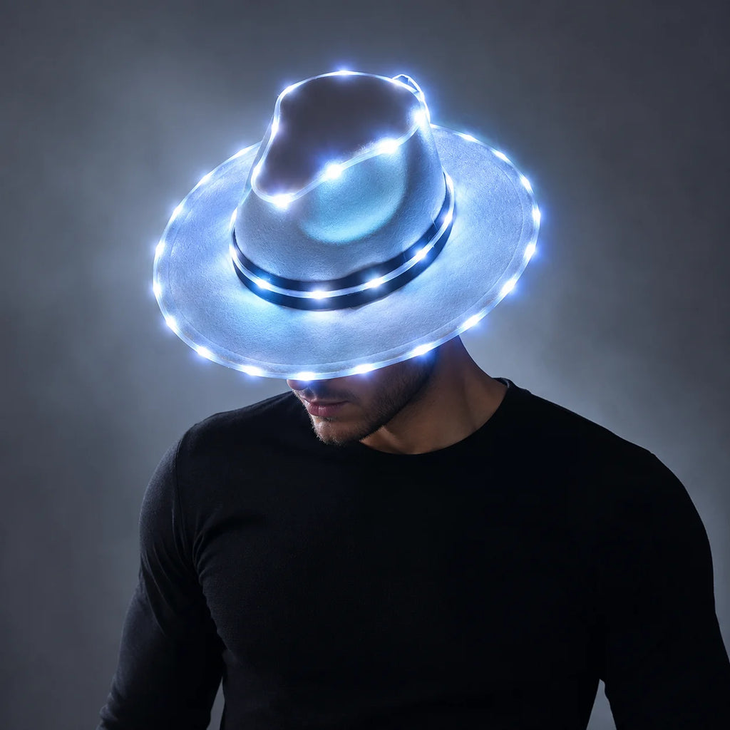 LED Cowboy Hat Luminous Flashing Western Costume Accessory for Halloween Carnival Rave Party Dance Show Adult Size Vue