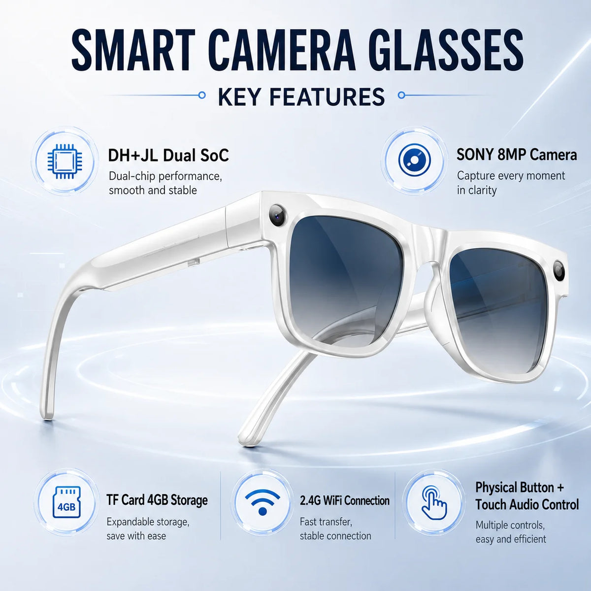 Smart Glasses 800W Pixel Camera Bluetooth IPX4 Waterproof Magnetic Charging Audio Glasses Video Voice Recorder Hands-Free Camera Vue White Gradient Blue