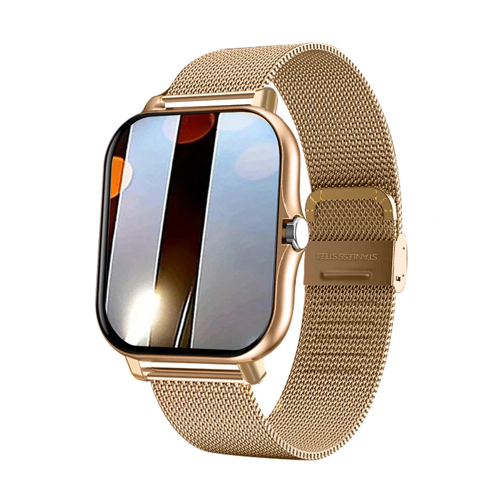 New SmartWatch 1.83" Big HD Screen Sleep Blood Oxygen/Pressure Monitor Message Reminder Bluetooth Call Smart Watch For Women Men Vue Steel Strap Gold