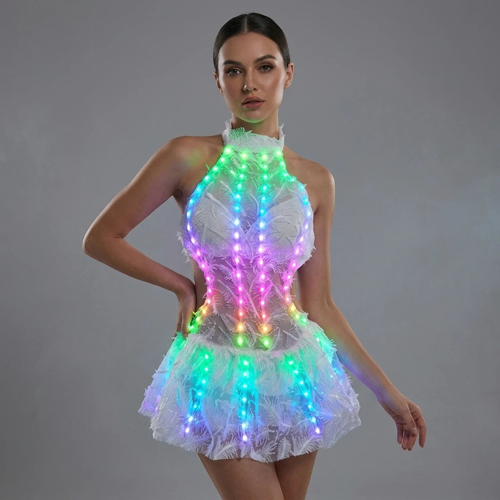 Colorful White LED Skirt Party Club Birthday Glowing Outfits Celebrate Costs Single Dance Performance Drag Queen Vue