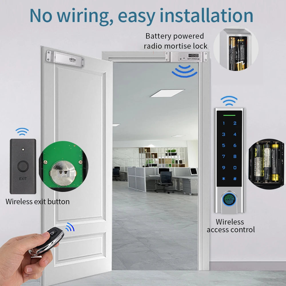 IP65 Waterproof 433Mhz Door Wireless Access Control System Bometrics RFID Keypad+Electric Lock+Exit Button+Remote Control Key Vue