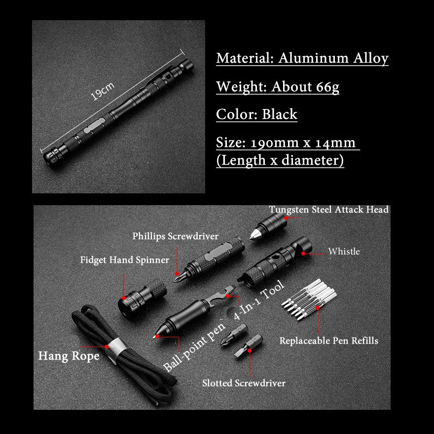 10In1 Portable Multi-Function Tactical Self Defense Pen Hand Spinner Whistle Screwdriver Glass Breaker Outdoor Survival EDC Tool Vue