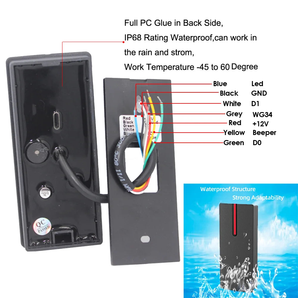 IP68 Waterproof Wiegand 26 Output 125Khz/13.56Khz RFID Proximity Card Reader Access Control Slave Reader UP002 Vue