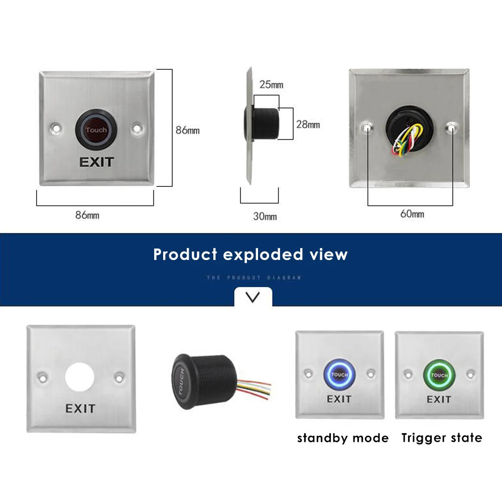 Stainless Steel Touch Panel Door Bell Switch Access Control Electric Lock Exit Button Push Release for Security Systems Vue