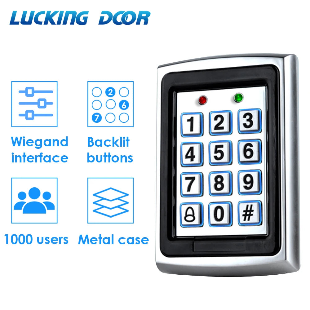 12VDC/2A Backlight RFID Metal Access Control EM Card Reader Keypad, 1000 Users, Door Bell, 125KHz, Key Fobs, Door Access System Vue