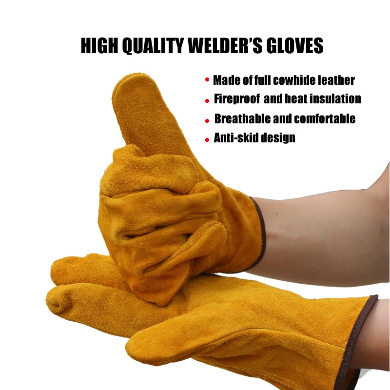 Cow Leather Welder's Gloves Temperature Resistant Fire-Proof Cowhide Work Safety Gloves Hands Protection Anti-Cut Garden Gloves Vue