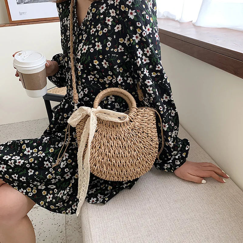 Straw Bag Women Hand-woven Handbag Moon Shape Lace Bow Rattan Big