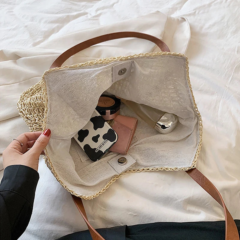 Summer Bucket Straw Bags Women Rattan Shoulder Bag Handmade Woven