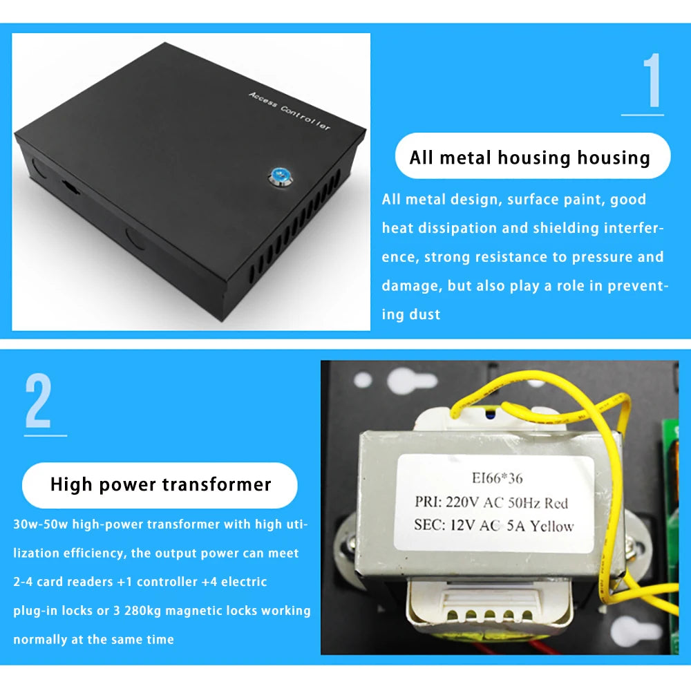 1/2/4 Door Office Entry System TCP/IP Access Control Panel Board with DC12V 5A Metal Power Supply Converter Box Vue