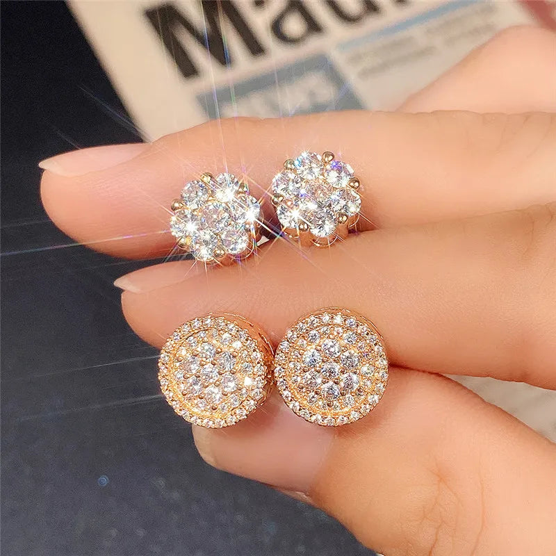 Huitan CZ Stud Earrings – Round & Flower Bridal Jewelry Women CZ Stud Earrings Vue