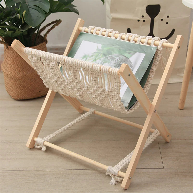 Macrame Cotton Rope Magazine Rack – Boho Desktop Bookshelf Magazine Storage Rack Vue