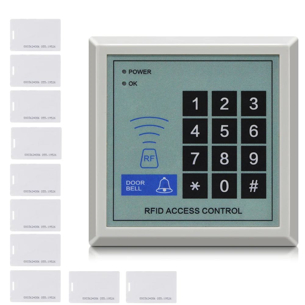 RFID Reader 125Khz Access Control Device Machine Security RFID Proximity Entry Door Lock Access Control System 1000 User Vue AC and 10 pcs card