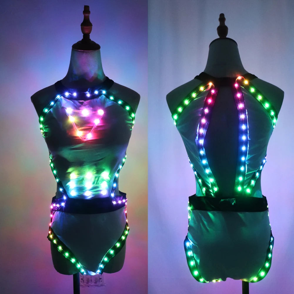 Full Color LED Light Club Dresses LED Sexy Bikini Bra Glow Dance Bar Nightclub GOGO Singer Performance Costume Vue