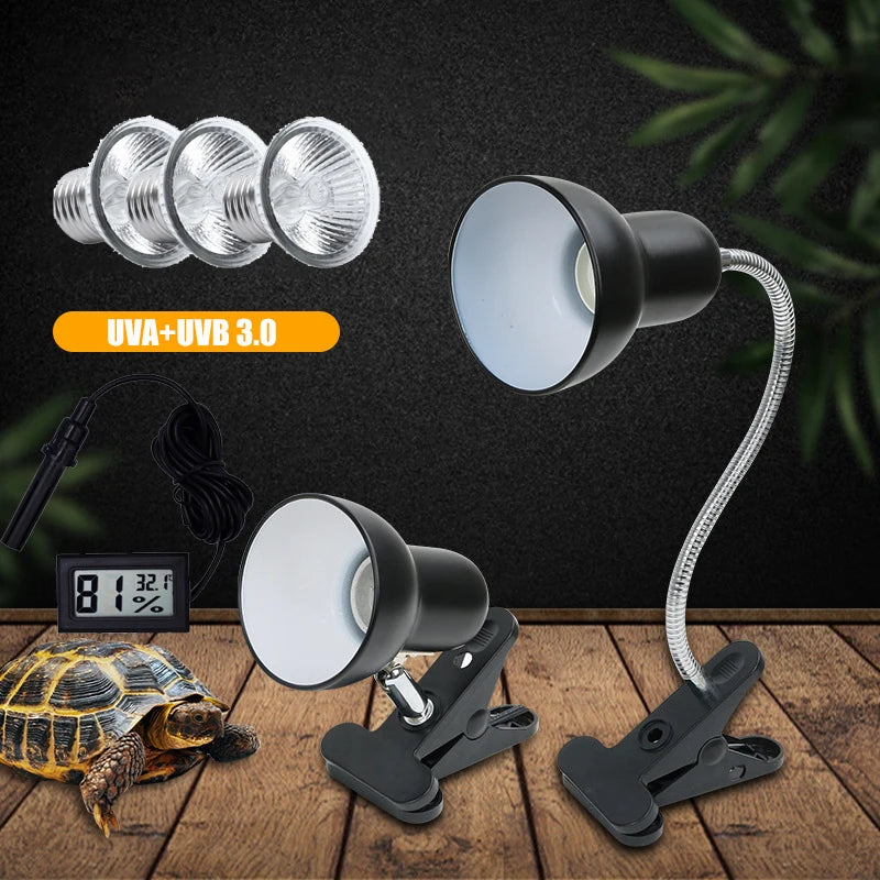 UVA+UVB 3.0 Reptile Lamp Holder Set with Clip-on Thermometer Hygrometer Lizard Turtle Tortoises Basking Heating Bulb 220V Vue