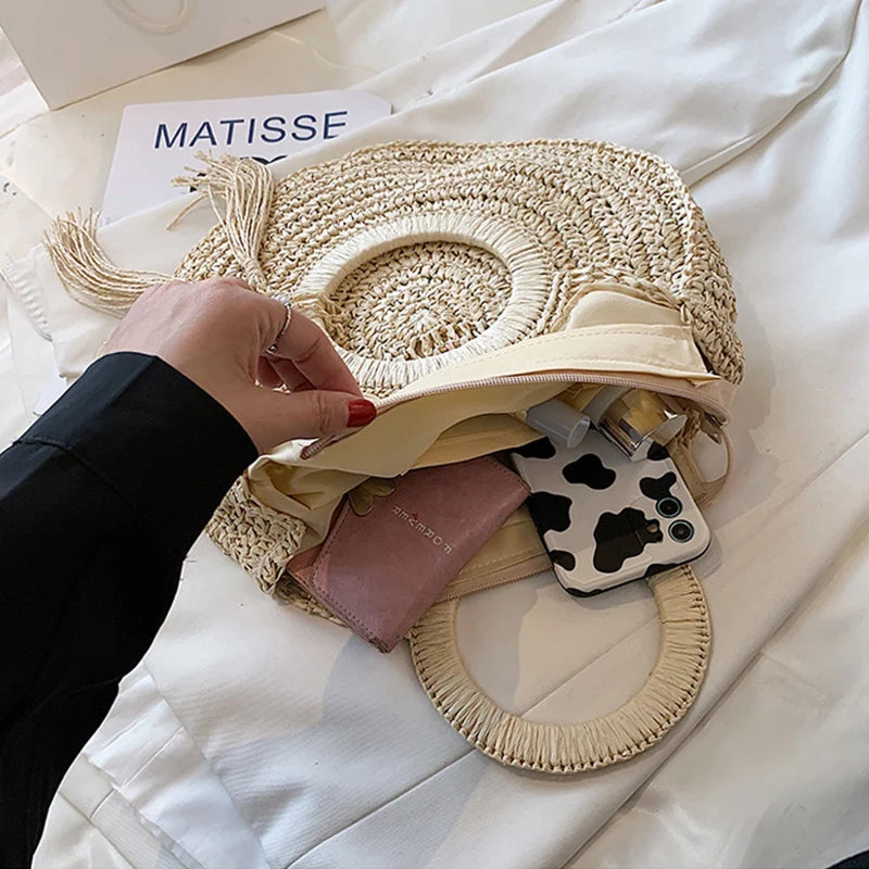 Summer Women Round Straw Bags Rattan Shoulder Bag Handmade Woven