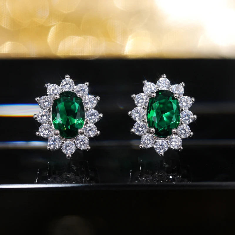Huitan Sunflower Stud Earrings – Oval Cubic Zirconia Women Stud Earrings Vue Green Color