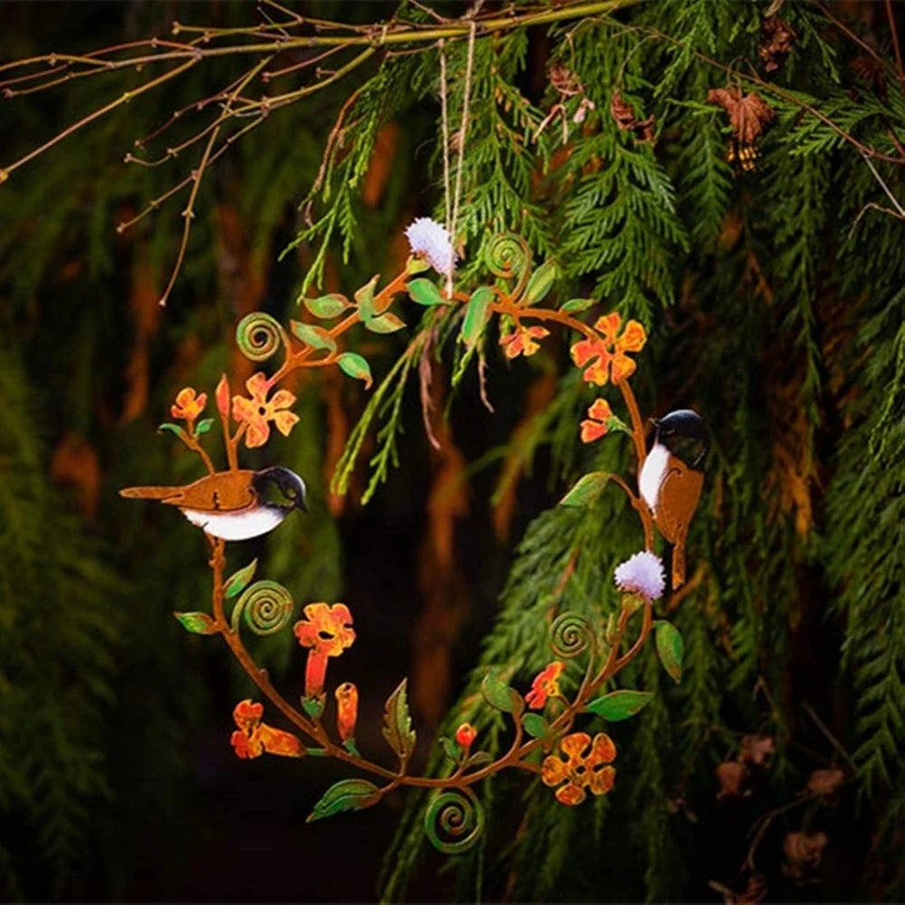 Flowers Wreath Wall Art Bird Garland Metal Hanging Wreath for Home Courtyard Door Wall Farmhouse Decoration Accessories Vue